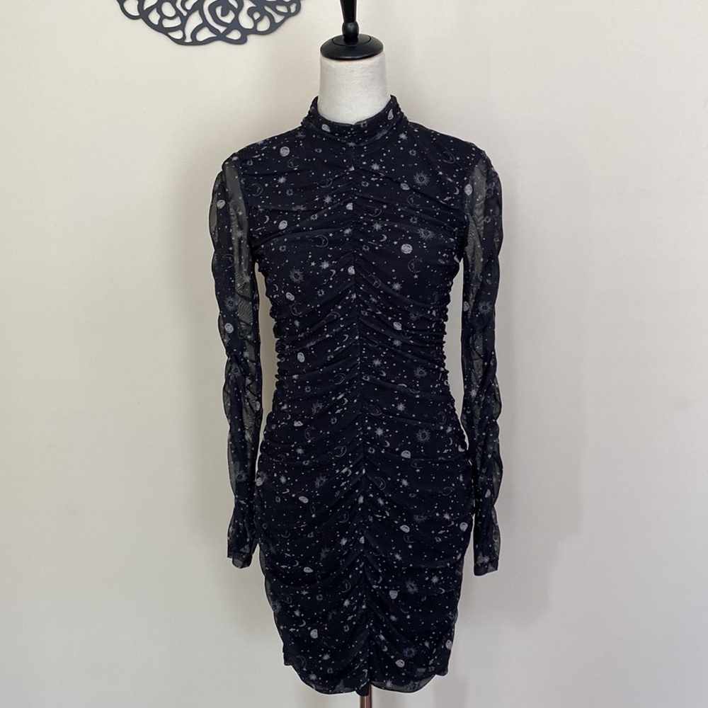 Lunar Print Mesh Ruched Bodycon Dress